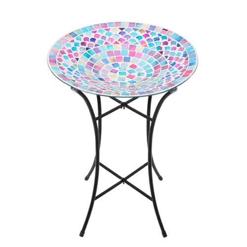MUMTOP Mosaic Glass Bird Baths, 14 Inch Width Outdoor Garden Bird Bath Bowl with Metal Stand, Unique Glass Birdbaths Bird Feeder for Yard Decor, 19.68 Inch Height
