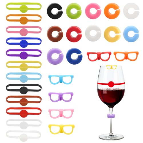 MAIXINNEW Lot de 30 Marqueur de Verre à Boire en Silicone, Marqueur de Boisson pour Verre Multicolores, Marqueurs de Verre Réutilisables à Boire pour Fête,...
