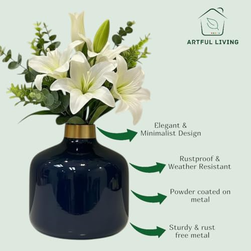 Image of Artful Living India - Round Metal Flower Vase | Round Vintage Vase for Living Room, Table, Office Decoration & Home Decor | Antique Decorative Metal Vase (Midnight Blue)
