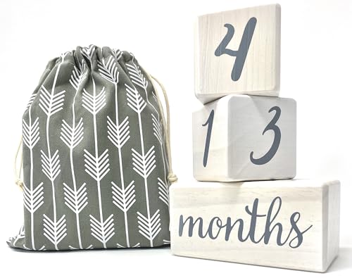 Image of Pondering Pine Baby Milestone Blocks - Natural White Stain Pine Wood with Weeks Months Years Grade - Milestones Age Block Set with Bag, Newborn Weekly Monthly First Year Picture Props, Earth Friendly