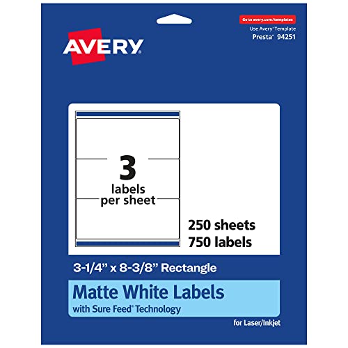 Avery Matte White Rectangle Labels, Sure Feed Technology, 3-1/4" x 8-3/8", 750 Matte White Printable Labels