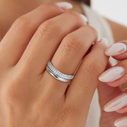 C-leen Silver Rings for Women - 14K Whited Gold Plated Stackable Rings Curved Wedding Band Ring Silver Jewelry Engagement Ring for Women Size 5-104