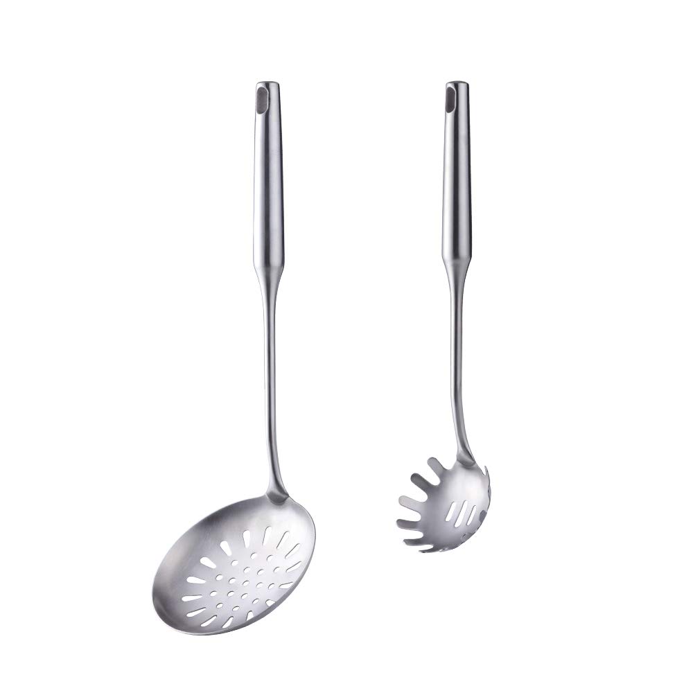 1 Skimmer Spoon and 1 Spaghetti Spoon, BUY&USE 2 Pcs Stainless Steel Cooking Utensils Set, Heat-resistant Kitchen Gadgets Tools