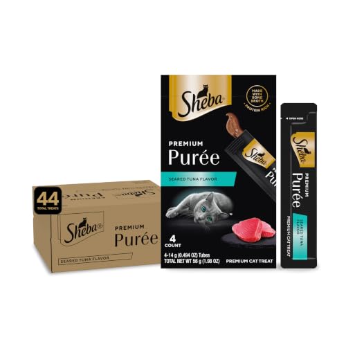 Sheba Premium Puree Lickable Cat Treats, Seared Tuna, 4 Count, 11 Pack | Real tuna, chicken bone broth, grain-free, no carrageenan, single-serve squeezable tube, 0.49 oz. tubes, 44 tubes total - image 1
