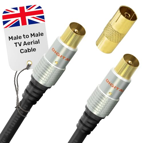 TV Aerial Cable 1m – Male to Male Coaxial Wire with Gold Plated Plugs| Plug-to-Plug Shielded Connectors | Antenna AV Lead for Digital and Analogue Signal Transmission
