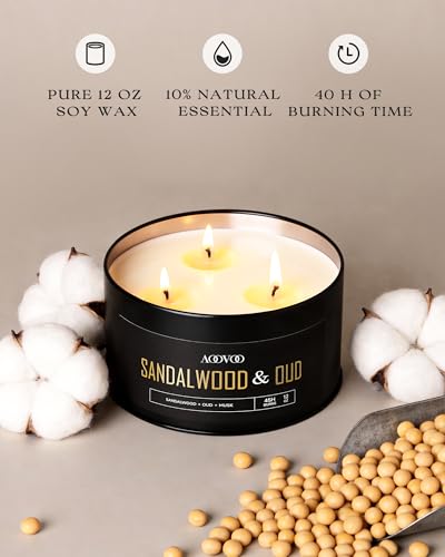 Image of AOOVOO Sandalwood Oud Candles for Men - 3 Wick 12oz Black Scented Candle | Long Lasting Soy Candles for Home Scented, Masculine Candle Gift for Father Day, Women & Men, Non Toxic, Large