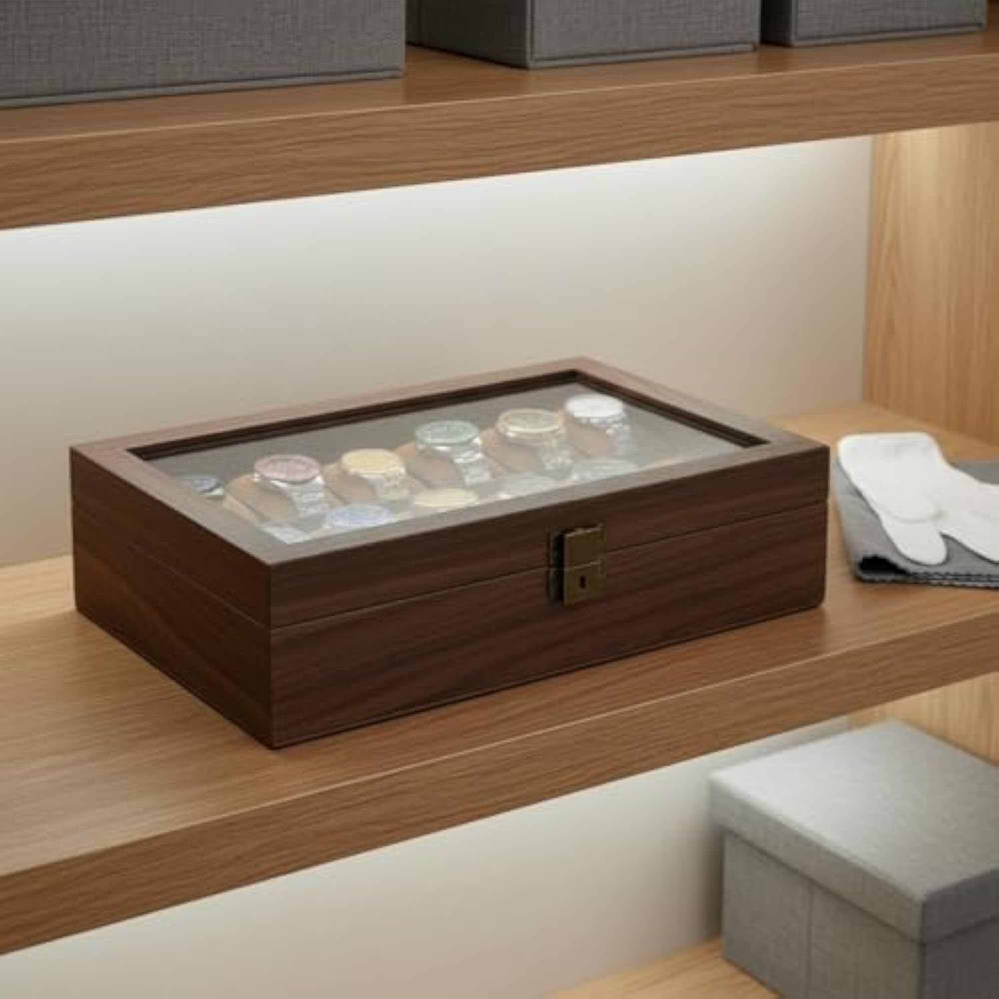 Wood-Grain Wooden Watch Box with Metal Latch, Display Case