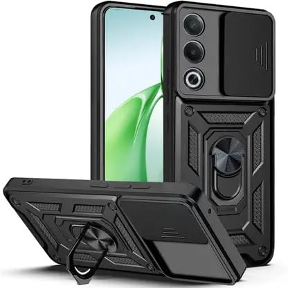 Image of SPAZY CASE Oppo K13x 5G Back Cover | Heavy Duty Hybrid Case with 360 Degree Rotating Finger Ring Holder + Slider Shutter Camera Protection Case for Oppo K13x 5G - Black