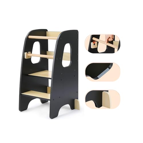 Ezebaby Tour d'apprentissage pour Enfants, Tour d'apprentissage 3 Hauteurs Réglables, Tour d'observation Enfant Montessori, Tour Eveil Bébé en Bois (Noir)