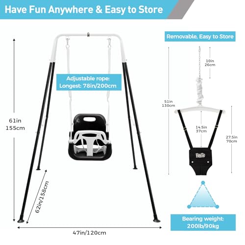 Image of FUNLIO 2 in 1 Swing Set for Toddler & Baby Jumper, Heavy Duty Kids Swing & Bouncer with 4 Sandbags, Foldable Metal Stand for Indoor /Outdoor Play, Easy to Assemble and Store - Black