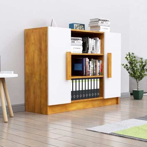 Image of Bniture Storage Cabinet Wooden Sideboard for Living Room with 3 Shelf & 2 Door Multipurpose Book Shelf Storage Organizer Cabinet for Office Home Hallway Drawing Room Bedroom |Giant Wood & Frosty White