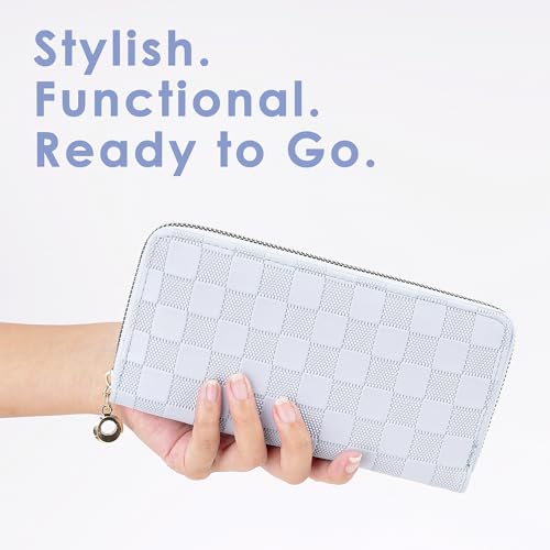 Checkered Zip-Around Wallet for Women, Faux Leather Credit Card and Cash Holder, Long Clutch Phone Purse, Light Blue4