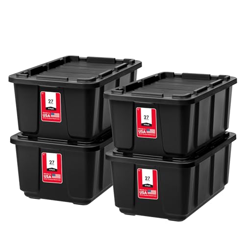 IRIS USA 589090 27 Gallon Utility Tough Stackable Plastic Storage Tote, Black (4 Pack)