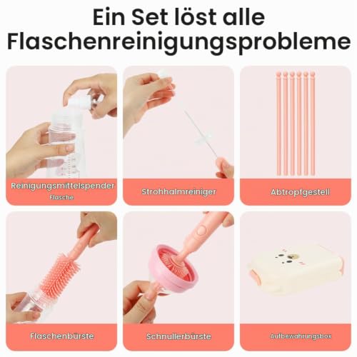 Vicloon 6 in 1 Reise Baby Flaschenbürsten Set, Tragbar Babyflaschen Bürste Set mit Silikonflaschenbürste, Strohhalmbürste, Schnullerbürste… – Ansicht 3
