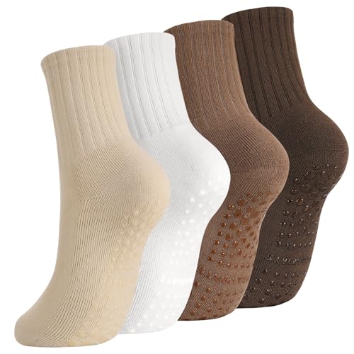Utensilsto 4 Paare Pilates Socken Yoga Socken Rutschfest Stoppersocken Damen Anti Rutsch Yogasocken Grip Socks für Pilates Barre Ballett Tanz Fitness Trampolin 35-39