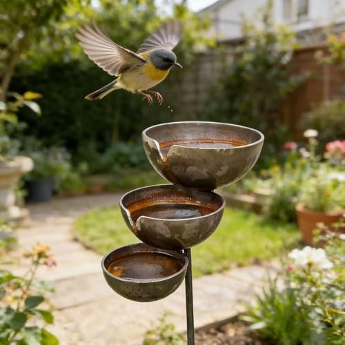 3-Layer Rain Catcher Bird Bath, Metal Stake Bird Water Bowl Feeder, Outdoor Pollinator Watering Station Rain Catcher for Garden Patio Yard Lawn Decoration - Image 2