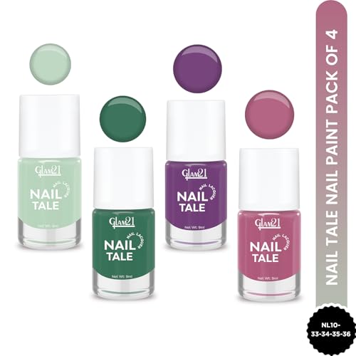 Image of Glam21 Nail Tale- Nail Lacquer | Multicolor|Quick Drying Nail Polish| Glossy Gel Finish Nail Kit | Highly Pigmented & Long Lasting | Chip Resistance | 9ml Each| Pack Of 4 (Shade-33-34-35-36)