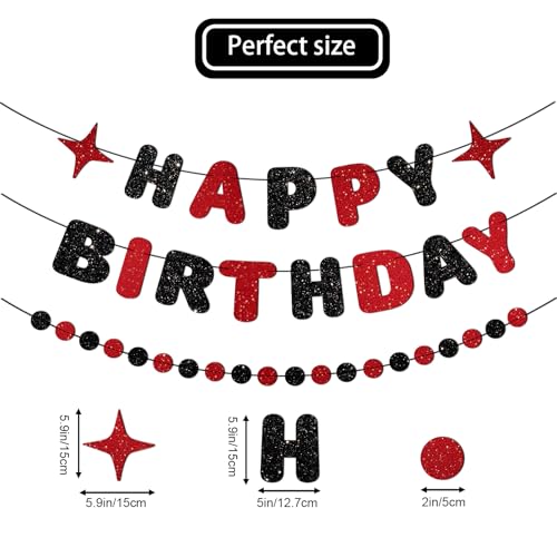 Image of Red and Black Happy Birthday Banner Glitter Garland for Black and Red Decorations Happy Birthday Decorations for Women Men Boys Girls 25th 30th 40th 50th 60th Party Decor