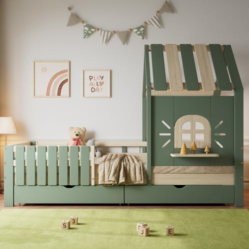 Sapgaks Lit cabane Enfant 90x200 avec Toit et fenêtre et 2 tiroirs,lit Enfant avec Barriere...