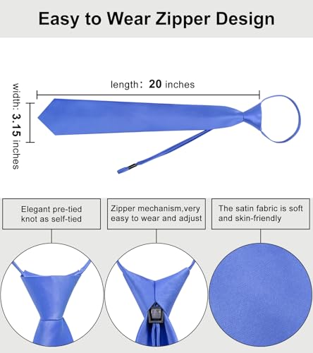 Image of YourTies Zipper Tie for Men Adjustable Pre-tied Satin Neckties and Pocket Square Set Solid Color Business Formal Wedding