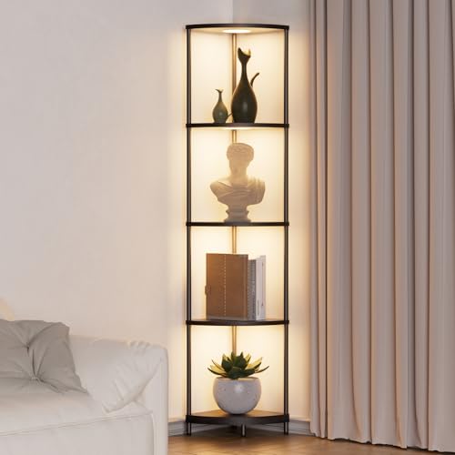 YooShine Stehlampe mit Regal Dimmbar 2700K-6500K stehlampe wohnzimmer 4 Farbtemperaturen 6 Farben Standleuchte mit 4 Holzregal und Fernbedienung für Schlafzimmer Ecke Wohnzimmer Büro