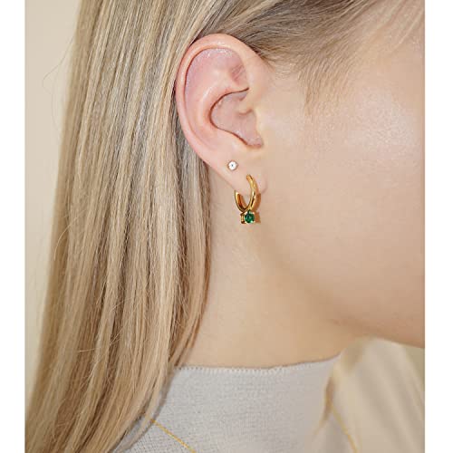 OZEL – Huggie Hoop Earrings with a Set of Cubic Zirconia Stones for Women – 14k Yellow Gold/White Gold Plated/Circular/Semi-circular/U-Shape/Round Square (Made in Korea)3