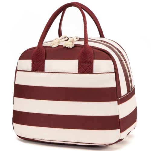Image of LOVELYWIND Lunch Box for Women, Insulated Lunch Bag, Red Striped Tote