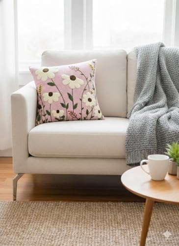 Image of CASA-NEST Linen Embroidery Cushion Cover, Size -16x16 inch, Pack of 2 pc, Decorative Sofa Cushion (Pink, 2)