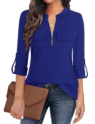 Gemulate Zip Up T Shirt for Women Ladies Tops 3/4 Sleeve Tops for Women UK Long Sleeve Polo Top Floral Printed Shirts Casual Tops for Women UK - Solid Blue, L