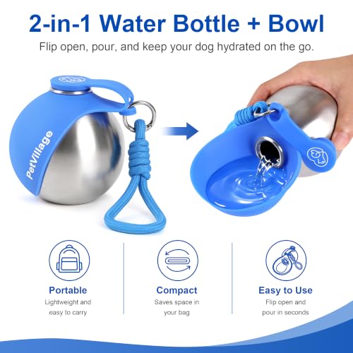 Image of 2-in-1 Dog Water Bottle with Foldable Bowl, Portable Leak-Proof Pet Travel Water Dispenser, Stainless Steel Dog Hydration Bottle for Walking, Hiking, Small Dogs & Puppies, Blue 10oz