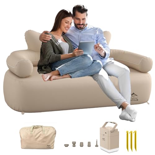 LUOOV Air Mattress Sofa Bed with Portable Air Pump,Folding Inflatable Sofa Camping Chair Couch Waterproof Outdoor Air Sofa Support 660 lbs for Camping Travel (Khaki Loveseat), Small Double