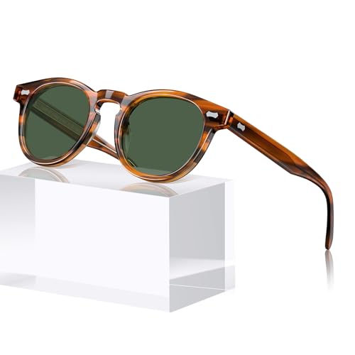 CARFIA Cool Retro Acetate Sunglasses for Men Polarized UV Protection, Keyhole Round Shades with Embossed Pattern Wire Core