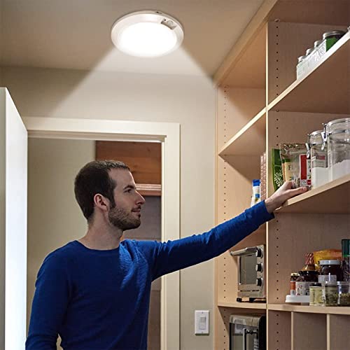 Awanber LED Deckenleuchte Batterie mit Bewegungsmelder, 210LM 6000K Batteriebetriebene Lampe Ohne Strom Innen Aussen Wandlampe für Schrank, Schuppen, Keller, Garage, Flur, Camping - Ø16cm Kaltweiß