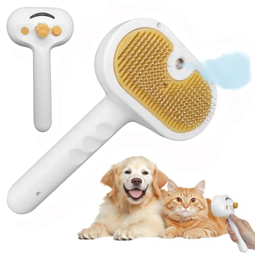 Cat Steam Brush with Release Button, 3 in 1 Rechargeable Pet Steam Brush for Long Short Hair Cats Dogs Rabbits, Self Cleaning Slicker Steamy Cat Comb With Water Tank for Pet Shedding Grooming