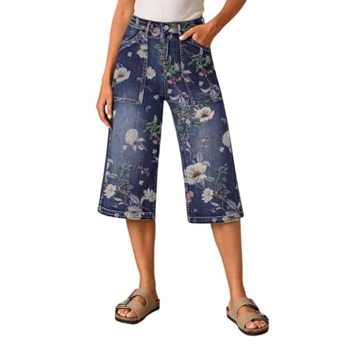 Floral Capri Jeans for Women High Waisted Wide Leg Denim Capris Lightweight Loose Fit Casual Palazzo Denim Pants
