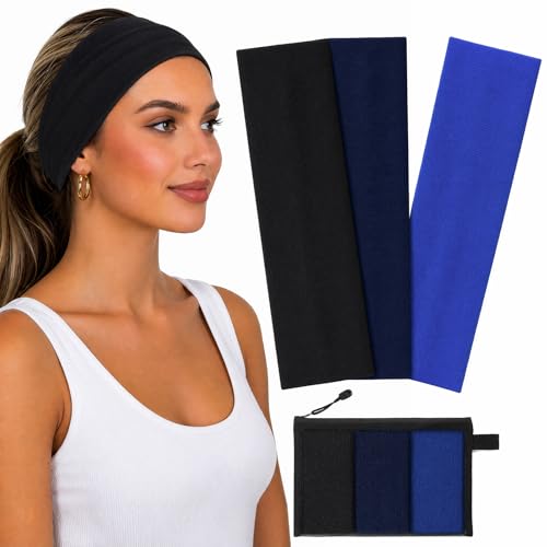WENNKINN Headbands for Women Non Slip, Soft 95% Cotton Elastic Cloth Hairband for Workout Gym Running Sports, Sweat Wicking Wide Headband, 3 Pack with Bag (Black, Navy Blue, and deep Blue)