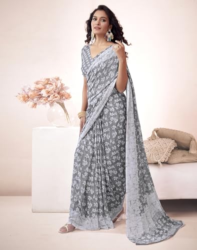 SIRIL Women's Floral Printed Georgette Saree with Unstitched Blouse Piece