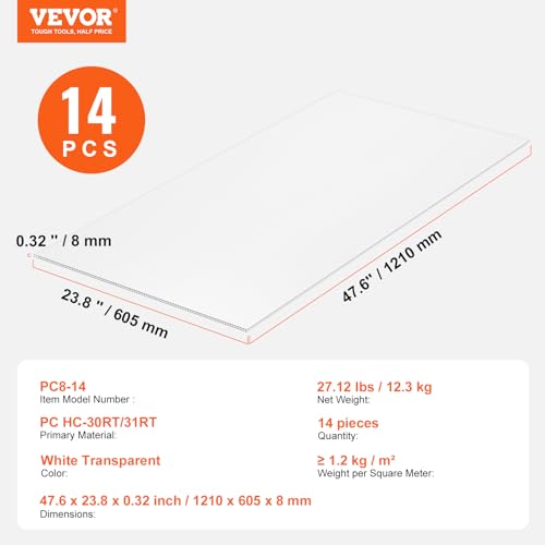 VEVOR 14er-Set Gewächshausplatten aus Polycarbonat, 1210 x 605 x 8 mm Stegplatten, wasserdichte UV-geschützte gewellte Hohlkammerplatten, schlagfeste, transparente Dachplatten für Gewächshaus/Garten