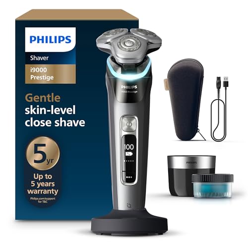 Philips Shaver i9000 Prestige Wet & Dry Electric Shaver Dark Slate with Skin IQ Technology Triple Lift & Cut System 360 Rotating Dual SteelPrecision Blades Quick Clean Pod Model XP9202/30