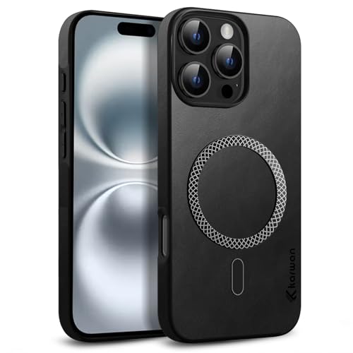 Image of KARWAN Shockproof Hybrid Leather Finish Back Case Cover Compatible with iPhone 16 Pro Max with Wireless MagEaze Charging Cover, Anti-Scratch Shield Case with Strong Minimalist Design (Black)