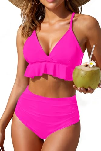 Image of Women Ruffle Bikini Set High Waisted Tummy Control Two Piece Swimsuits | Ruffle,High Waisted,Tummy Control,Removable Bra Pads,Adjustable Shoulder Straps,Full Coverage