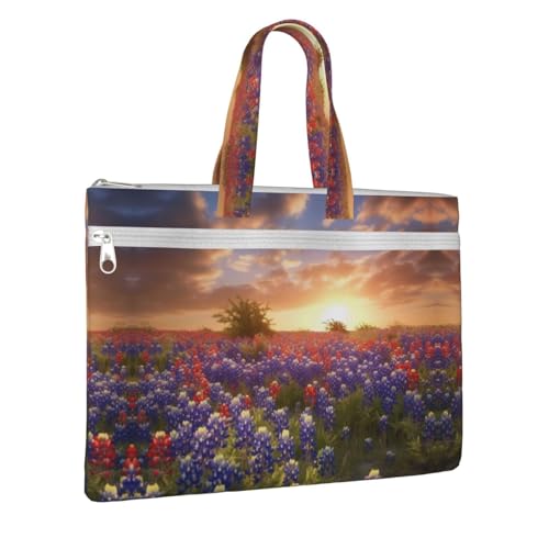 Texas Bluebonnets Scenery Print Canvas Tote File Bag Suitable For Studying, Traveling, Traveling, Commuting, Etc.2