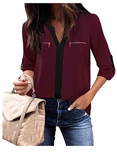 Gaharu Women Tops 3/4 Sleeve Ladies V Neck Zip Loose Casual Roll Sleeve Color Block Chiffon T-Shirt Blouse Tunic Dark Red,Large #TOP8