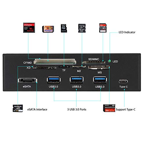 Lettore di Schede Interne Multifunzione da 5,25 Pollici Supporto per Pannello Frontale per PC M2, MSO, SD, MS, XD, 64G CF Card