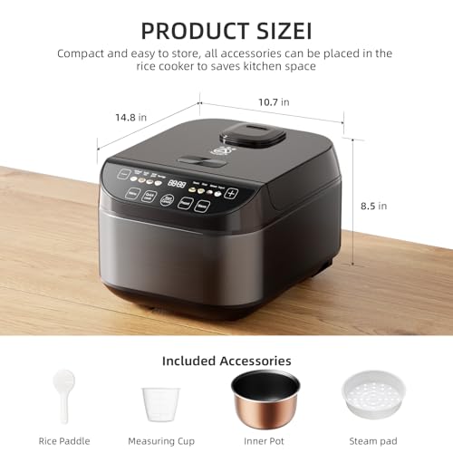 TRIANGLE Smart Rice Cooker 6 Cups Uncooked, Fuzzy Logic Rice Maker One-Touch Cooking with Non-stick Inner Pot, Steamer, Quick Cook, Timer, Auto Keep Warm Feature, Black — view 2