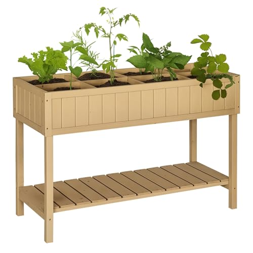 Outsunny Huerto Urbano de Madera 120x60x81 cm Jardinera Elevada para Cultivo de Plantas Flores con Estante Inferior para Jardín Terraza Exterior Natural