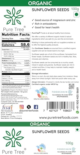 Image of Pure Tree Certified Organic Sunflower Seeds | 100 g | Surajmukhi ke Beej | Raw Sunflower Seeds | Organic Seeds for Eating Rich In Healthy Fats & Fiber