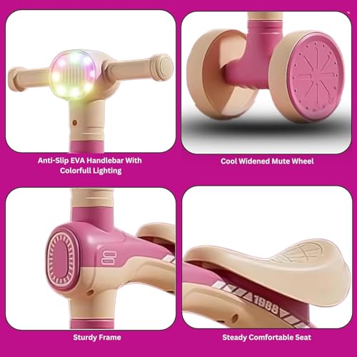 Image of Mini Bloom First Balancing Bike for Kids | No Pedal Manual Push Bike | Musical Balance Bike with LED Light | Suitable for 1-3 Years | Max Capacity 20kg (Pink (KB-157))
