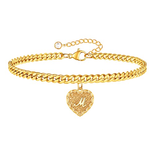 Gold Initial Charm Bracelets Heart Bracelet for Women, 14K Gold Plated Cuban Link Bracelet 26 Letter Bracelets for Women Dainty Charm Bracelets Gold Jewelry Gifts for Women