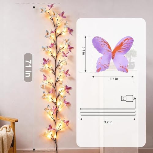 Image of Butterfly LED Vine Wall Lights, 72 Warm LED Decorative Fairy Lights with Remote, USB & Battery Operated Hanging Lights for Room, Home, Festival & Event Decoration